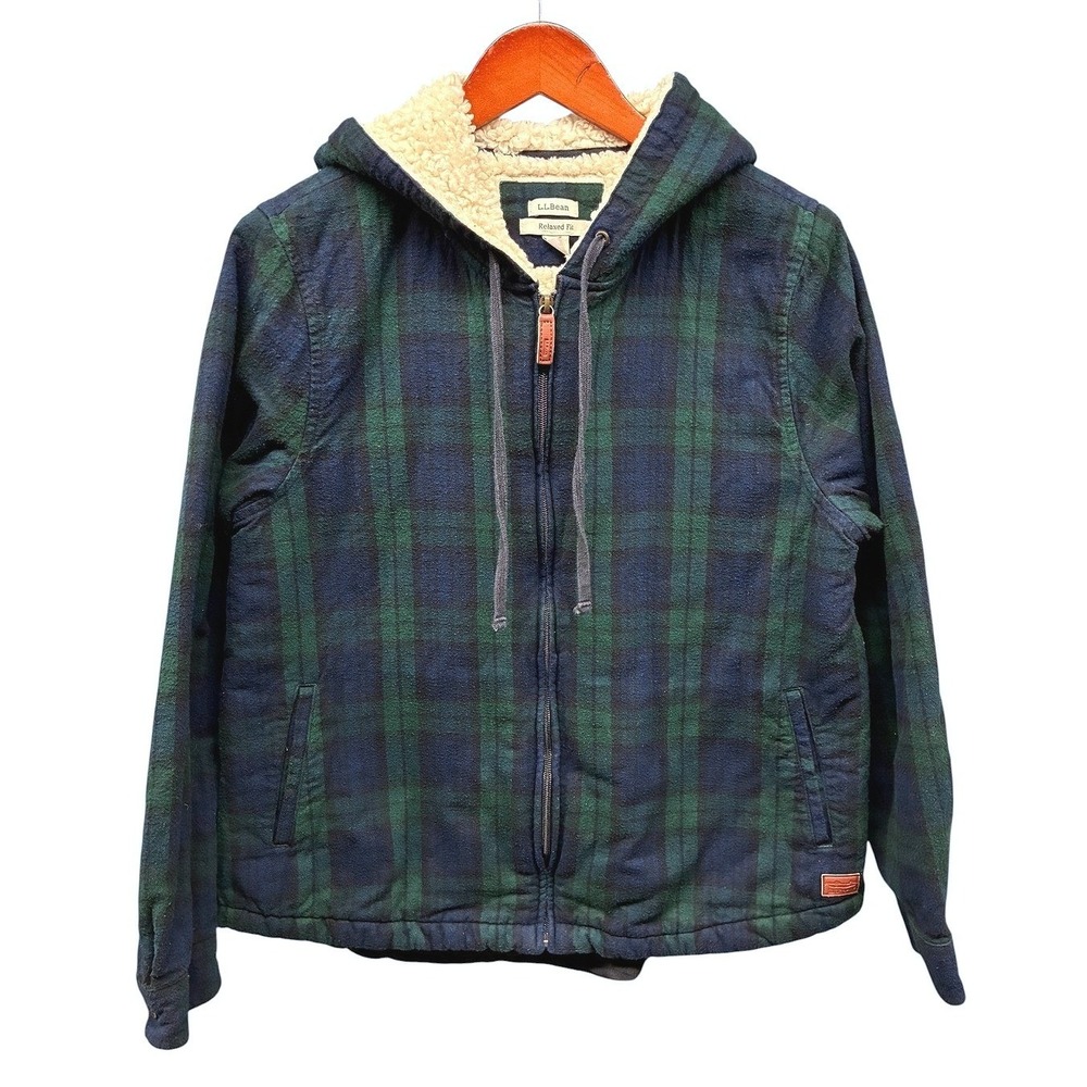 LL Bean Sherpa Lined Flannel Hooded Jacket Womens M Green Plaid Cozy Fall Winter